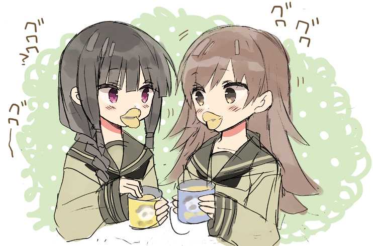2girls, araki_kanao, black_hair, braid, brown_hair, kantai_collection, kitakami_(kantai_collection), looking_at_another