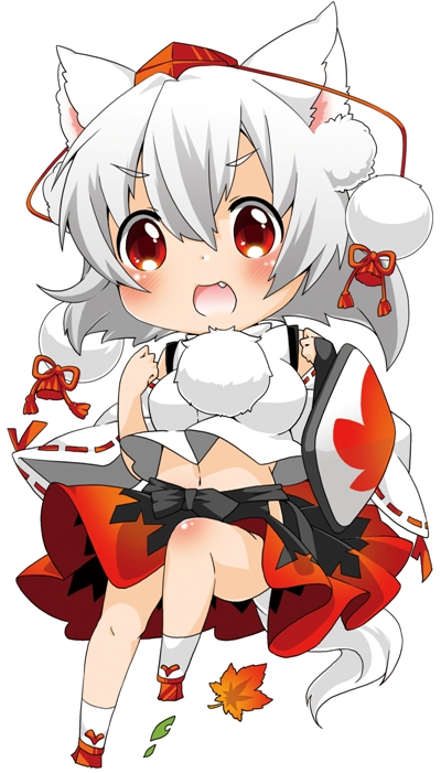 1girl, animal_ears, berry_jou, chibi, detached_sleeves, fang, hat, inubashiri_momiji