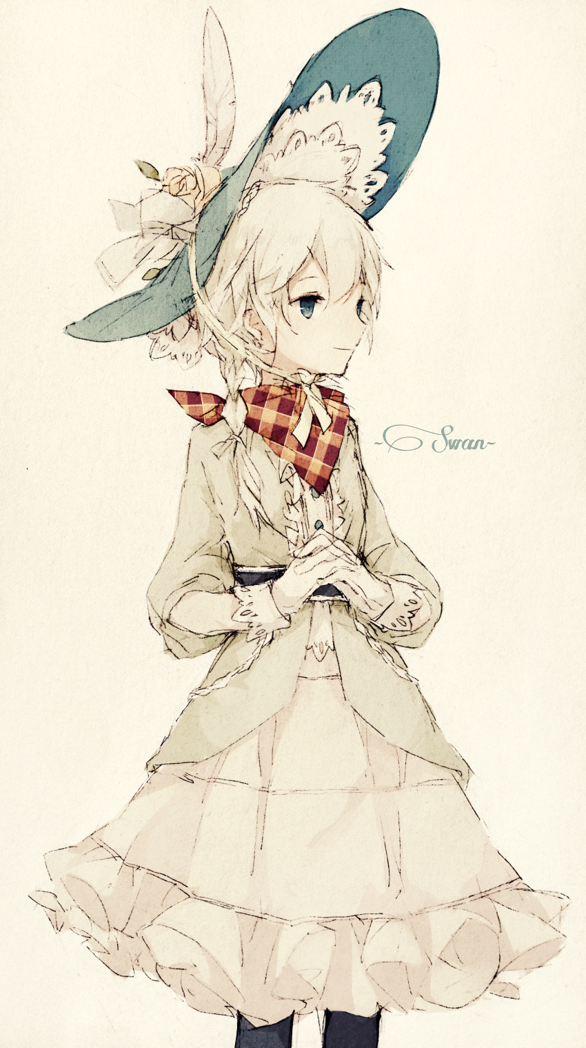1girl, absurdres, bandana, black_legwear, blue_eyes, braid, cowboy_shot, dress