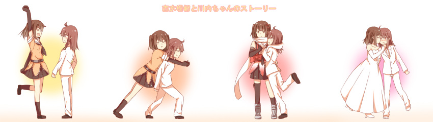 2girls, bare_shoulders, bride, brown_eyes, brown_hair, dress, elbow_gloves, female_admiral_(kantai_collection)