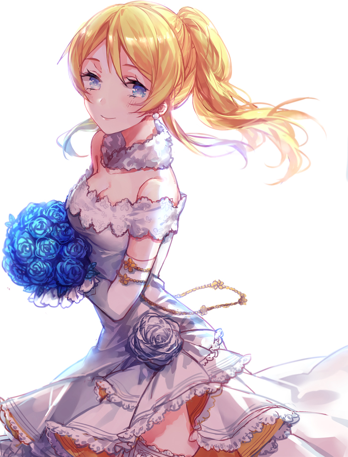1girl, ayase_eli, blonde_hair, blue_eyes, bouquet, bride, dress, elbow_gloves