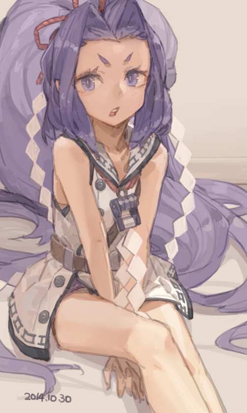 1girl, dated, eyebrows, hair_ribbon, hatsuharu_(kantai_collection), kantai_collection, long_hair, looking_at_viewer, ponytail, purple_hair, ribbon, short_eyebrows, sitting, sleeveless, solo, toro_(konirio), v_arms, very_long_hair, violet_eyes