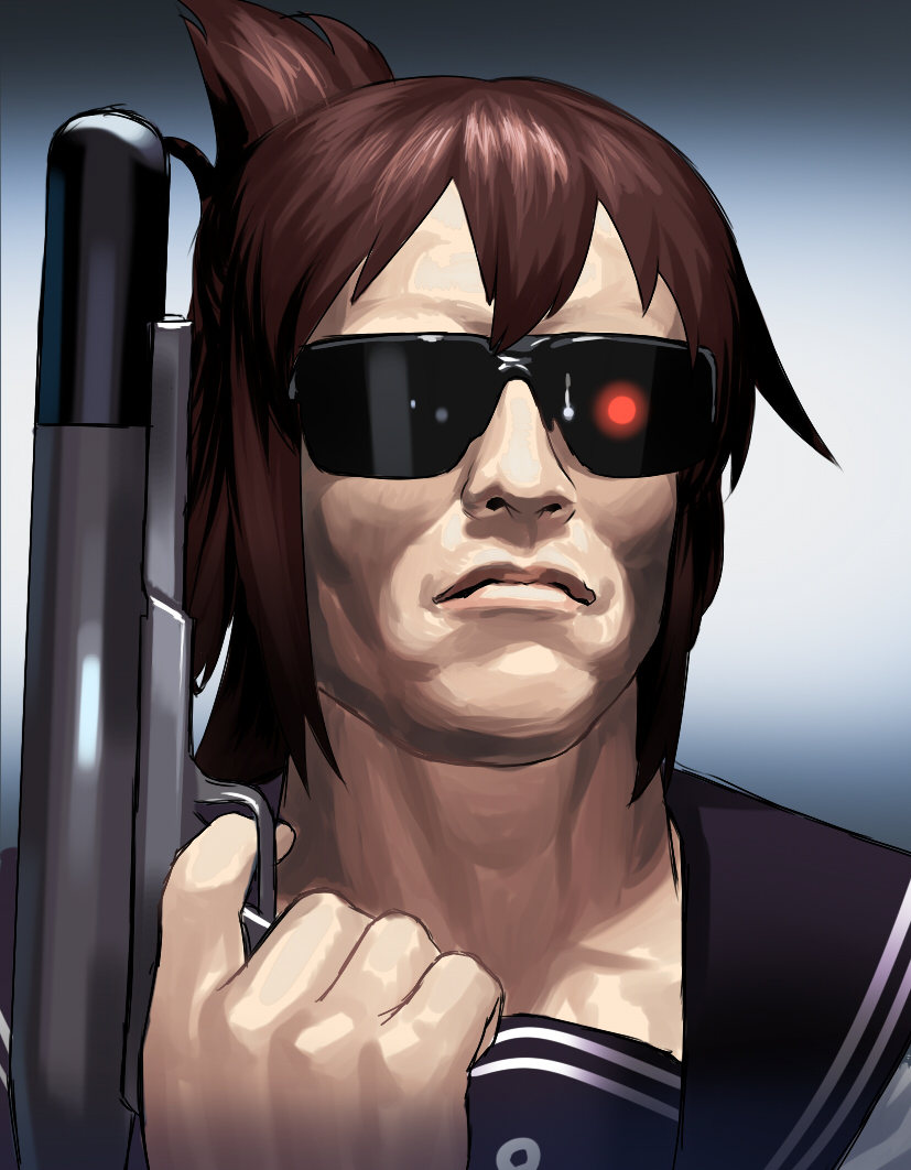 anchor_symbol, arnold_schwarzenegger, blew_andwhite, brown_hair, bust, crossdressinging, folded_ponytail, glowing