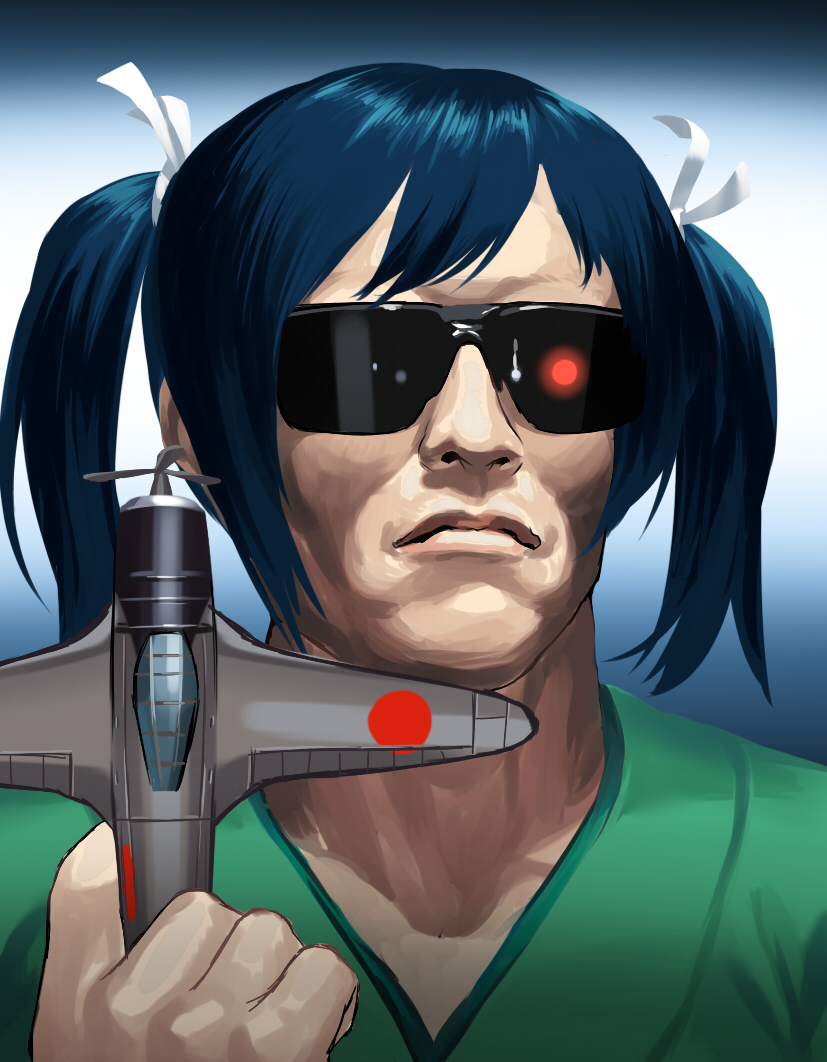 aircraft, airplane, arnold_schwarzenegger, blew_andwhite, blue_hair, crossdressinging, glowing, glowing_eye
