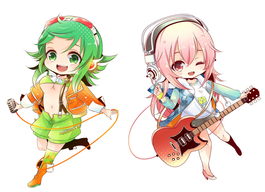 2girls, blush, breasts, chibi, crossover, electric_guitar, goggles, goggles_on_head