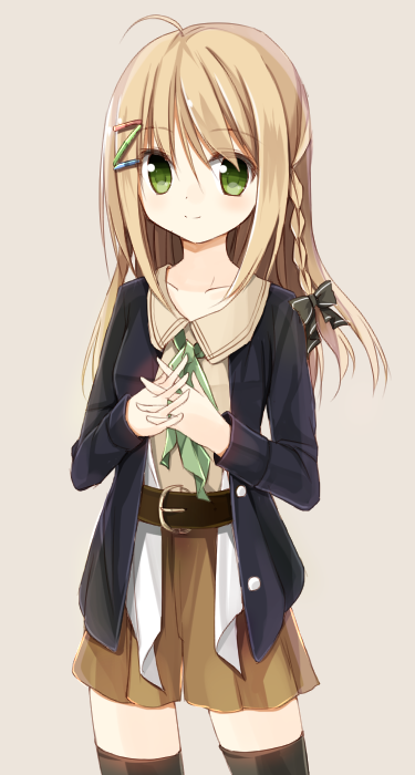 1girl, black_legwear, blonde_hair, blush, braid, green_eyes, hair_ornament, hair_ribbon