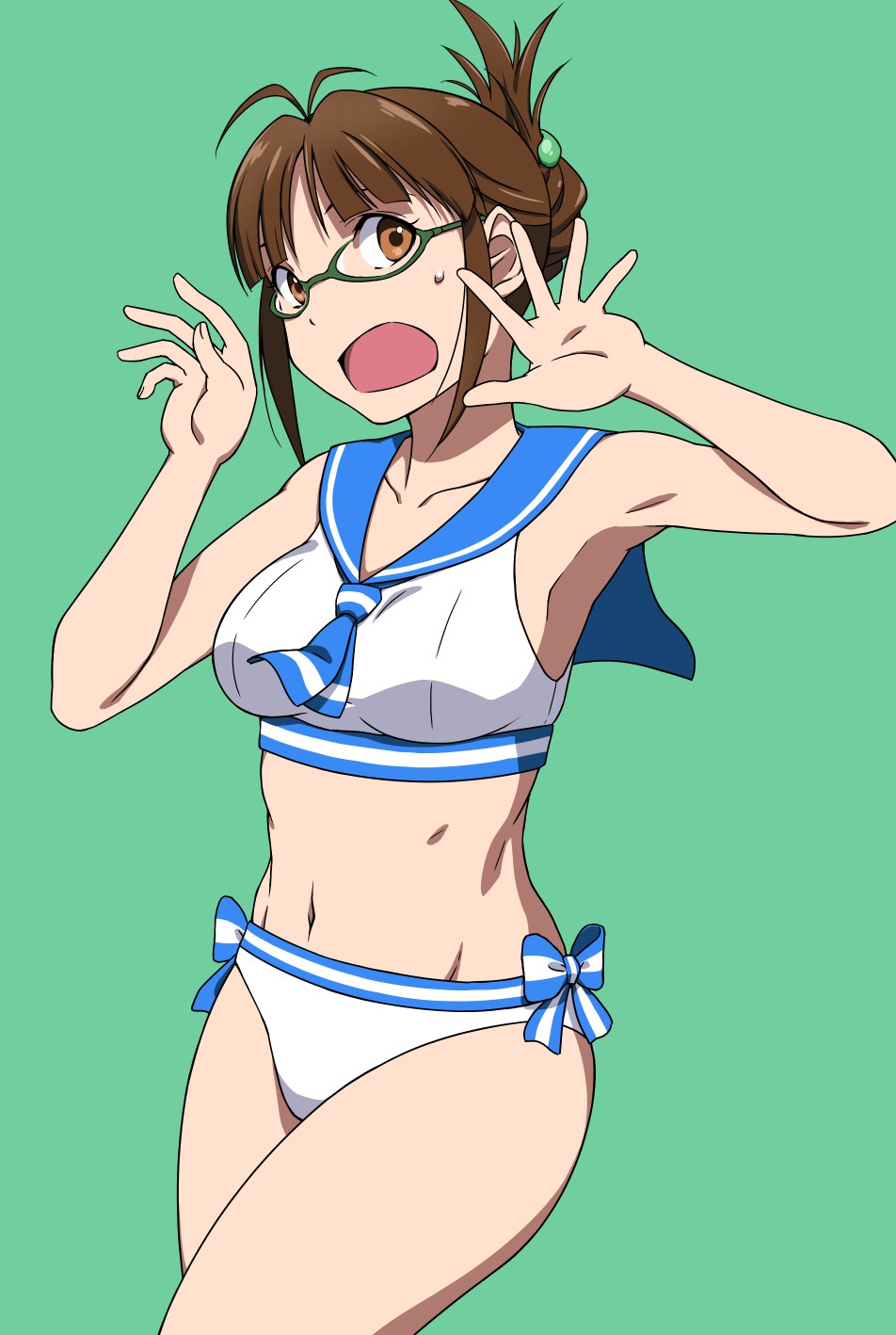1girl, akizuki_ritsuko, antenna_hair, brown_eyes, brown_hair, green-framed_glasses, green_background, highres