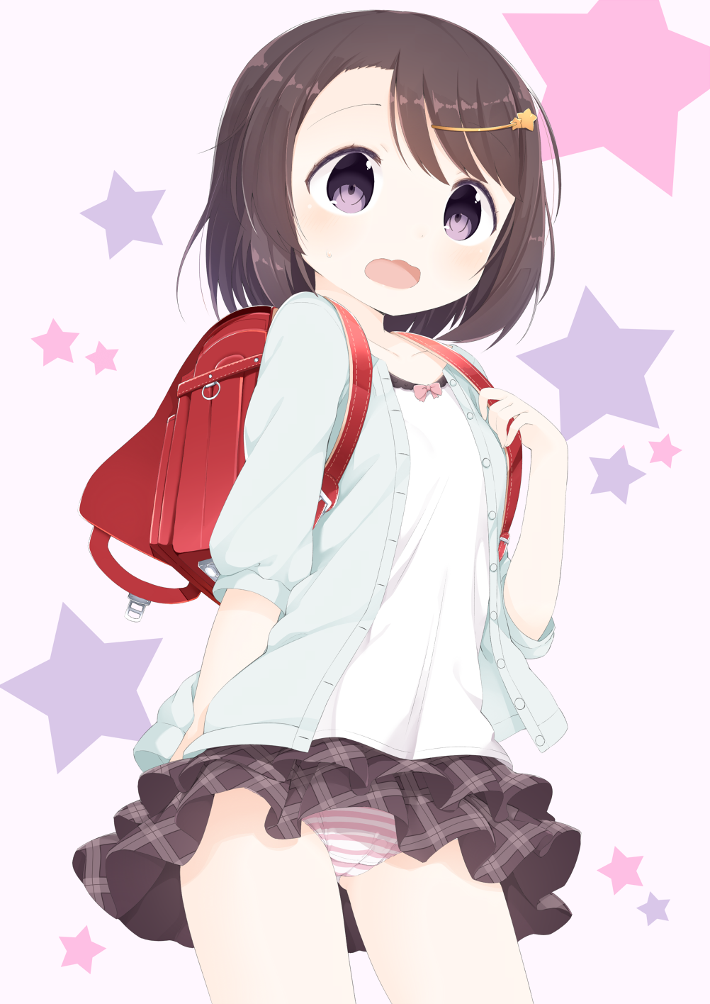 1girl, backpack, bag, brown_hair, casual, frilled_skirt, frills, hair_ornament