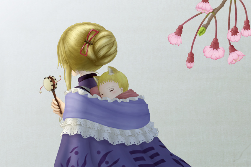 baby, bad_id, blonde_hair, flower, mother_and_daughter, short_hair, sleeping, touhou, wimifu, yakumo_ran, yakumo_yukari