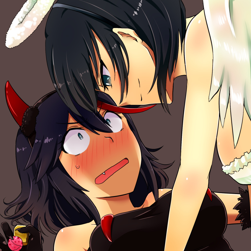 2girls, bare_shoulders, blush, breasts, candy, fang, gloves, halloween, halo, haruka_(yakitoritabetai), highres, horns, kill_la_kill, kiryuuin_satsuki, matoi_ryuuko, multiple_girls, short_hair, siblings, sisters, wings, yuri