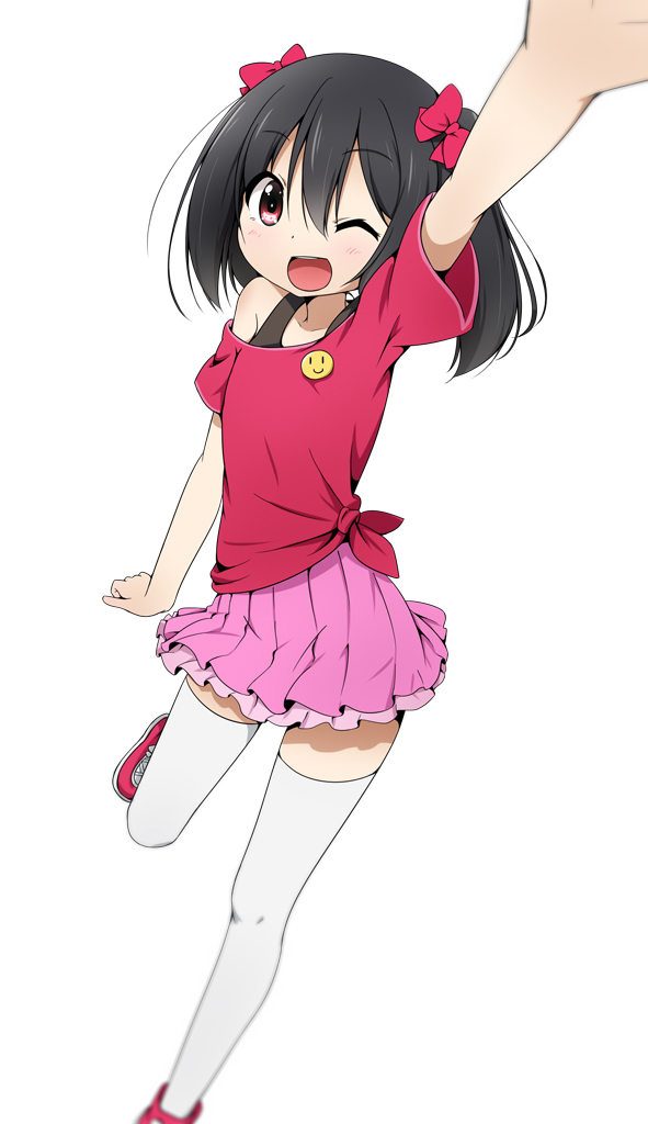 1girl, arm_up, black_hair, blush, bow, hair_bow, looking_at_viewer, love_live!_school_idol_project