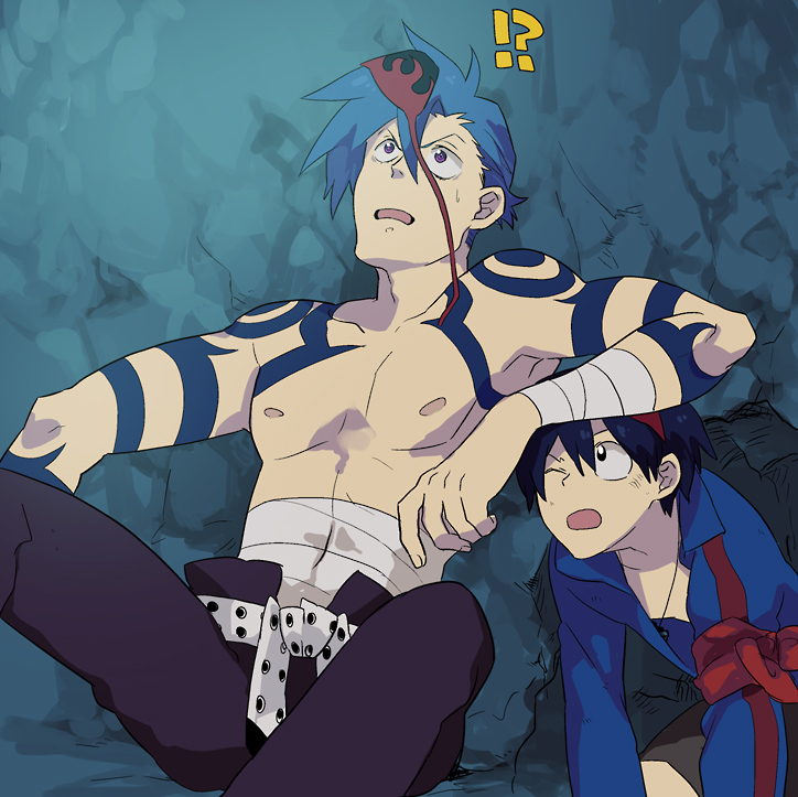 bandage, black_hair, blue_hair, kamina, male, shirtless, simon, surprise