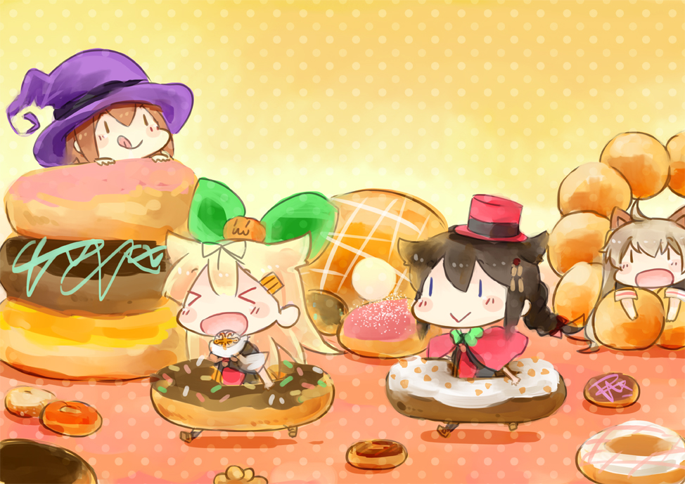 >_<, 4girls, :d, =>, =d, black_hair, blonde_hair, bow