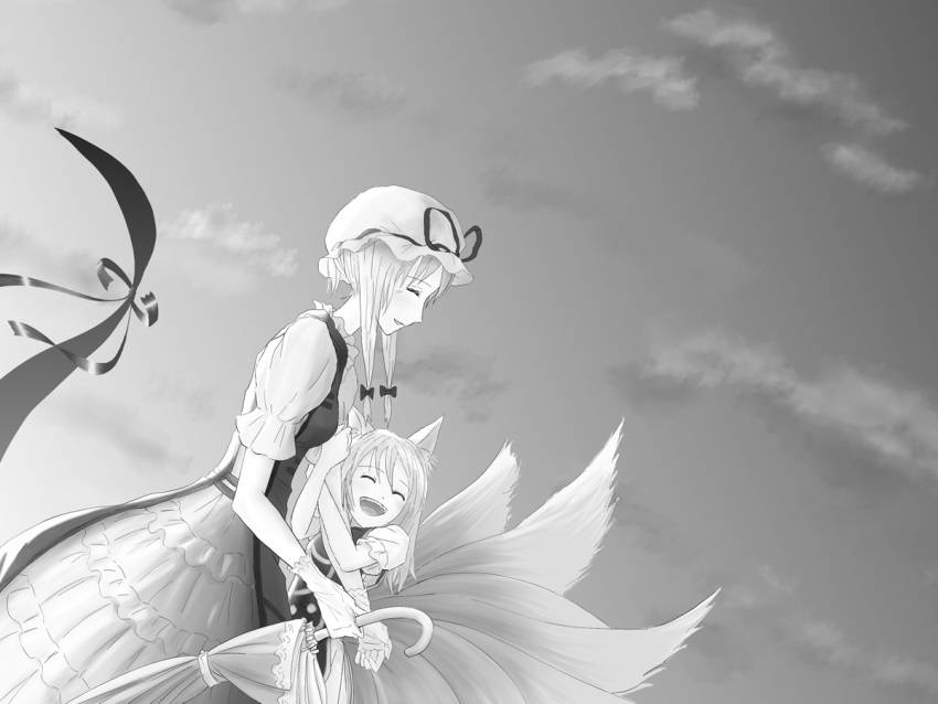 bad_id, fox_ears, fox_tail, gap, monochrome, multiple_tails, no_hat, no_headwear