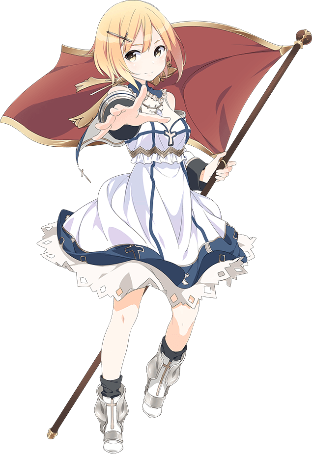 blonde_hair, flag, joan_of_arc_(last_summoner), last_summoner, looking_at_viewer, official_art, short_hair, tagme