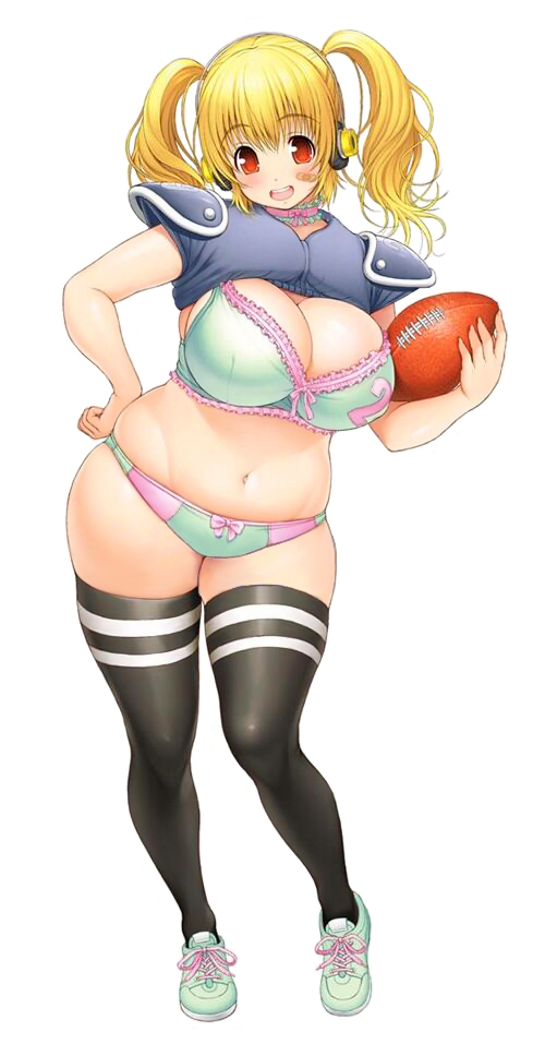 1girl, blonde_hair, blush, bra, breasts, headphones, huge_breasts, large_breasts, looking_at_viewer, navel, nitroplus, open_mouth, orange_eyes, panties, plump, rugby, rugby_ball, short_hair, skindentation, solo, sportswear, super_pochaco, thigh-highs, tsuji_santa, twintails, underwear