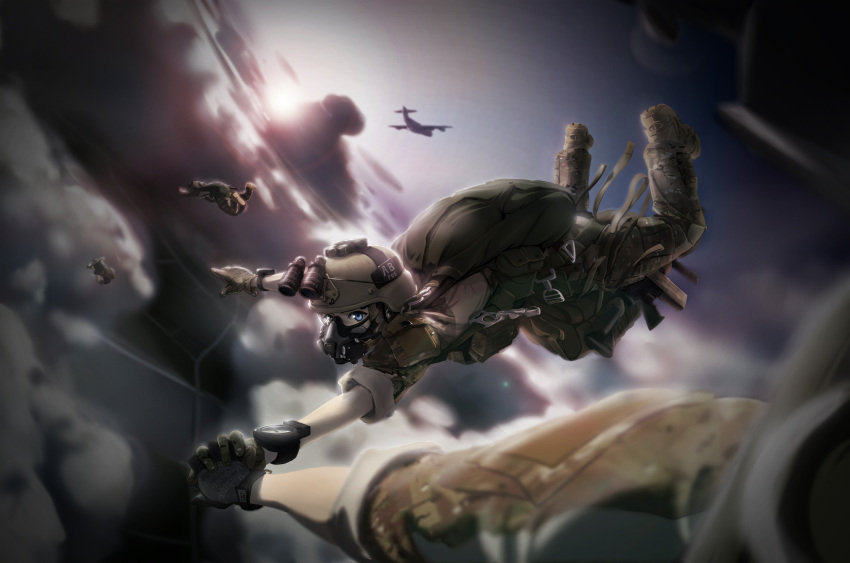 1girl, assault_rifle, blue_eyes, blurry, boots, bridge, camouflage, clouds, depth_of_field, gloves, goggles, gun, helmet, highres, holding_hands, lockheed_c-130, looking_at_viewer, m4_carbine, military, military_uniform, night_vision_device, original, parachute, pov, respirator, rifle, river, sleeves_rolled_up, soldier, sun, sunlight, tc1995, twilight, uniform, war, watch, weapon