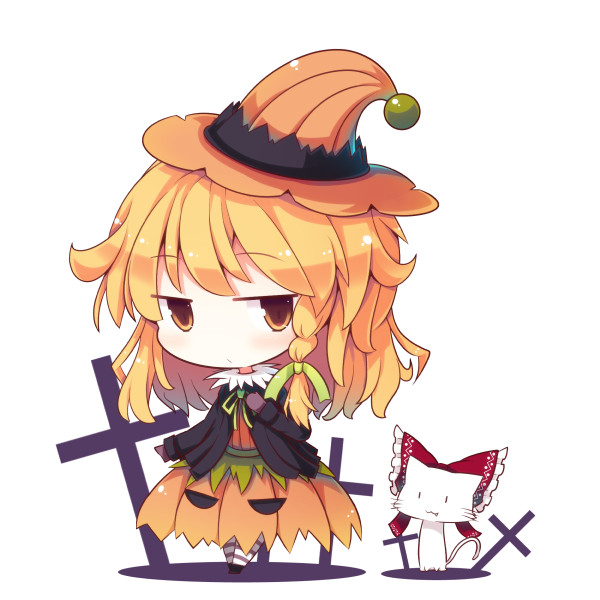 1girl, :3, beni_shake, blonde_hair, bow, braid, cat, cross, crucifix, fang, hair_bow, hakurei_reimu, halloween, halloween_costume, hat, kirisame_marisa, pumpkin_skirt, shirt, single_braid, skirt, touhou, witch_hat, yellow_eyes