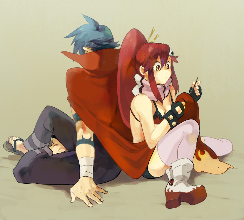 1girl, back-to-back, back_to_back, bikini_top, blue_hair, cape, couple, kamina