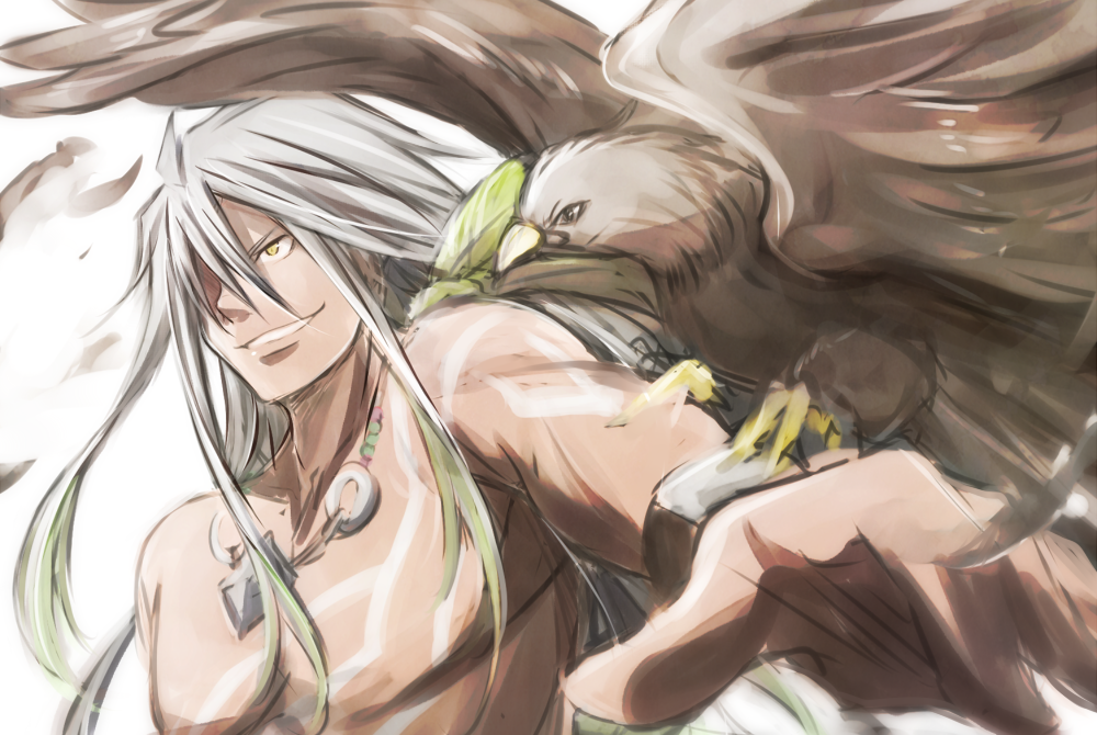 1boy, bird, grin, jewelry, long_hair, male, mishiro_(andante), necklace