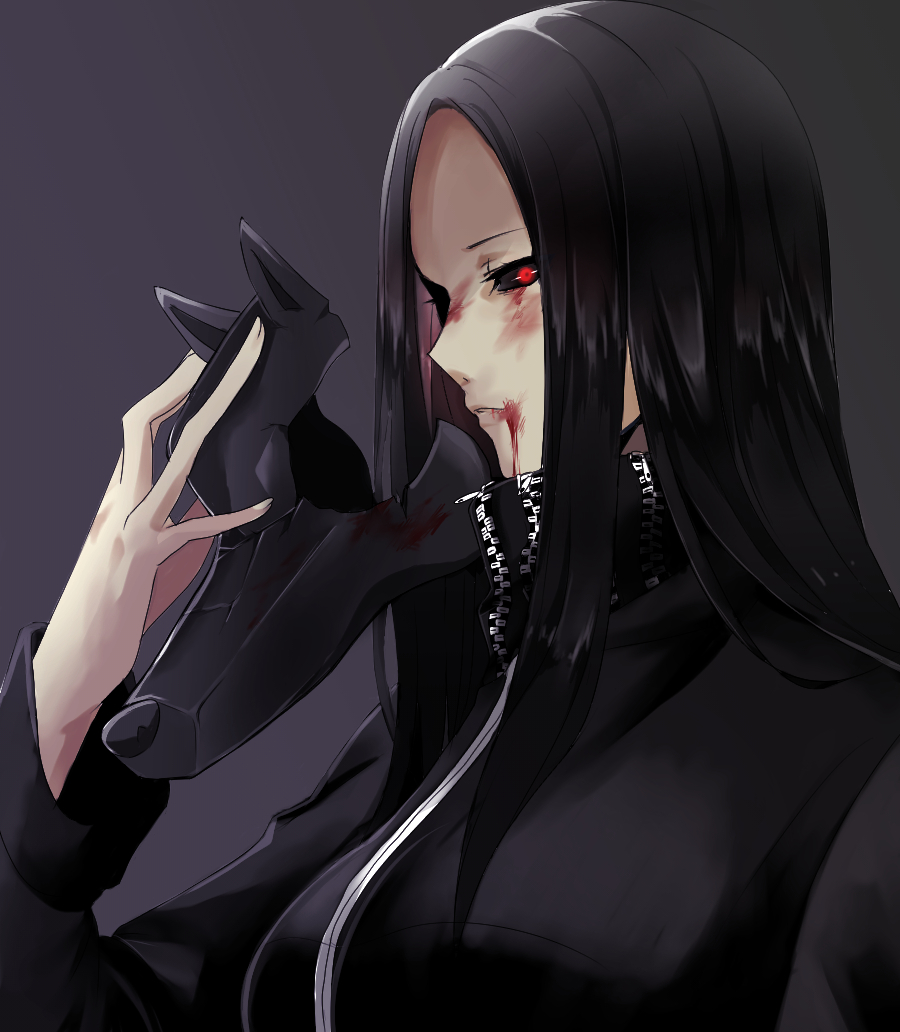 1girl, black_sclera, blood, irimi_kaya, mask, mask_removed, mauka, red_eyes, solo, tokyo_ghoul