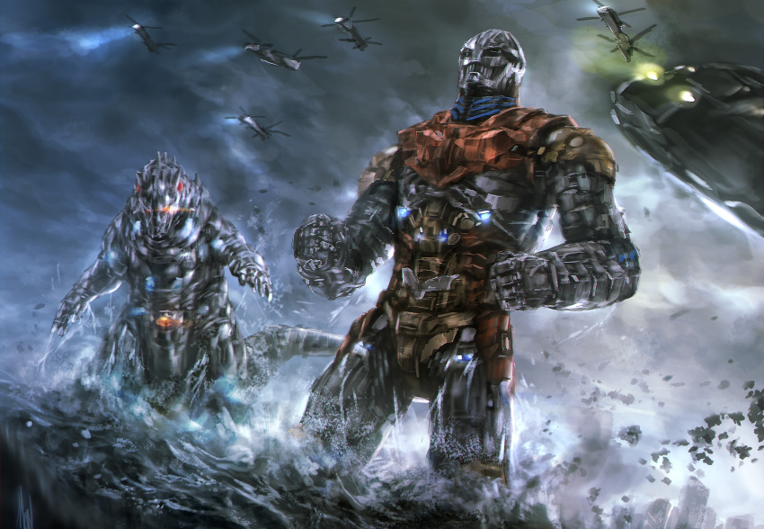 glowing, glowing_eyes, godzilla_(series), helicopter, highres, jet_jaguar, kaijuu, mad_(artist)