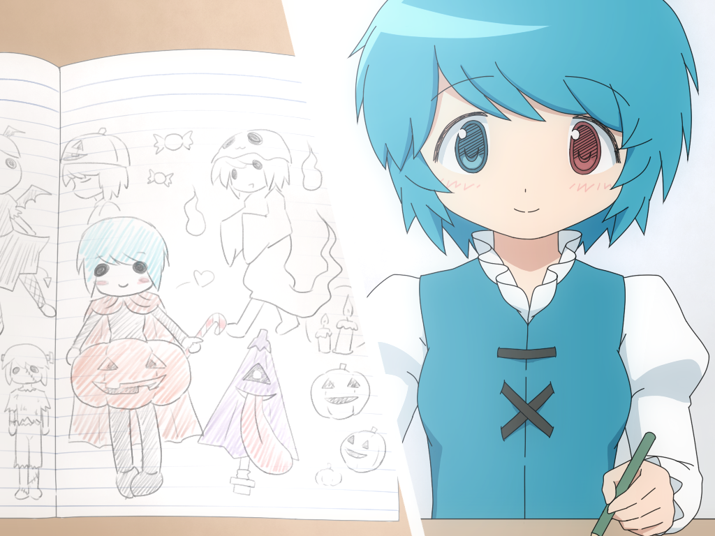 aoki_ume_(style), blue_eyes, blue_hair, blush, halloween, hetero, karakasa_obake, red_eyes