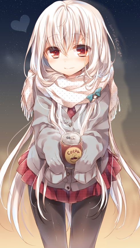 1girl, can, canned_coffee, coffee, heart, kasu_(return), light_smile, long_hair, looking_at_viewer, pantyhose, red_eyes, scarf, sleeves_past_wrists, solo, white_hair