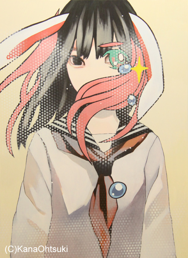 1girl, acrylic_paint_(medium), black_eyes, black_hair, bust, calligraphy_brush_(medium), long_hair, ootsuki_kana