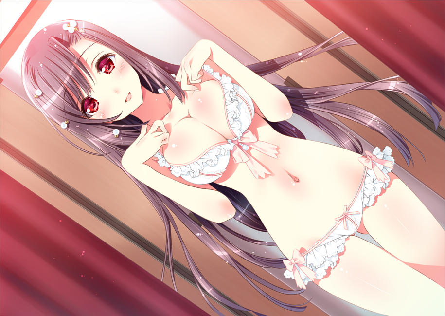 bare_legs, bare_shoulders, blush, bra, brown_hair, cowboy_shot, dutch_angle, friends_(aile), game_cg, hair_ornament, hairpin, happy, kamiya_maneki, lace-trimmed_panties, lingerie, long_hair, navel, panties, pearl, red_eyes, ribbon-trimmed_underwear, ribbon_trim, underwear, very_long_hair