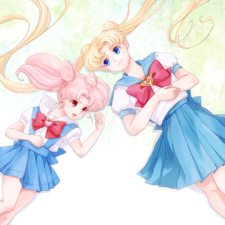 2girls, 30, bangs, bishoujo_senshi_sailor_moon, blonde_hair, blue_eyes, blue_skirt, bowtie