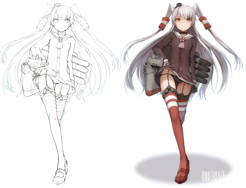 1girl, amatsukaze_(kantai_collection), black_panties, brown_eyes, character_name, frown, garter_straps, hand_on_hip