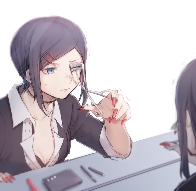 1girl, black_hair, blue_eyes, breasts, choker, cleavage, dangan_ronpa, eyelash_curler