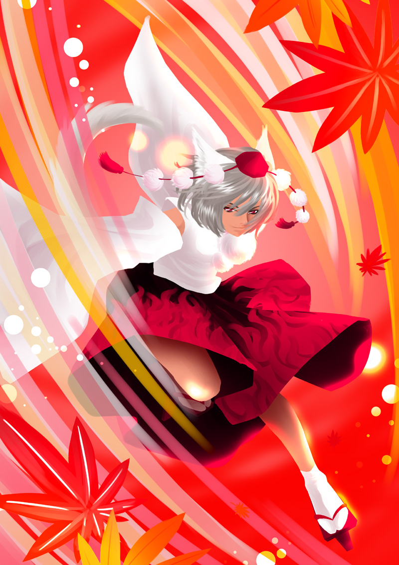 detached_sleeves, geta, hat, inubashiri_momiji, kuroi_ken'ichi, kurokkenu, red_eyes, short_hair