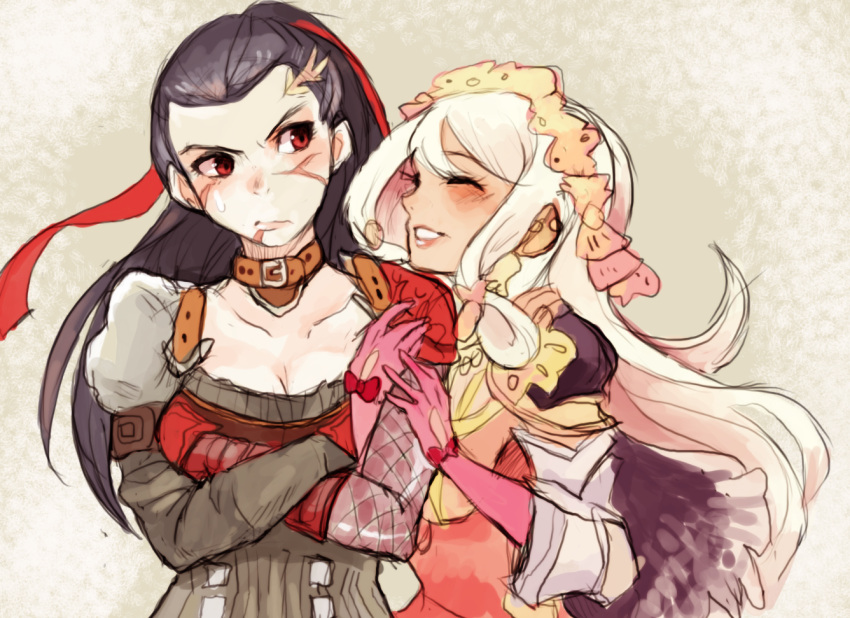 2girls, black_hair, blush, breasts, choker, cleavage, closed_eyes, collarbone, crossed_arms, earrings, elbow_gloves, gloves, grin, hair_ornament, headpiece, jewelry, lips, long_hair, long_sleeves, looking_at_another, maralme_(terra_battle), muh_(drawfag), multiple_girls, pink_gloves, ponytail, puffy_long_sleeves, puffy_sleeves, red_eyes, scar, sheena_(terra_battle), shoulder_pads, smile, sweatdrop, terra_battle, white_hair