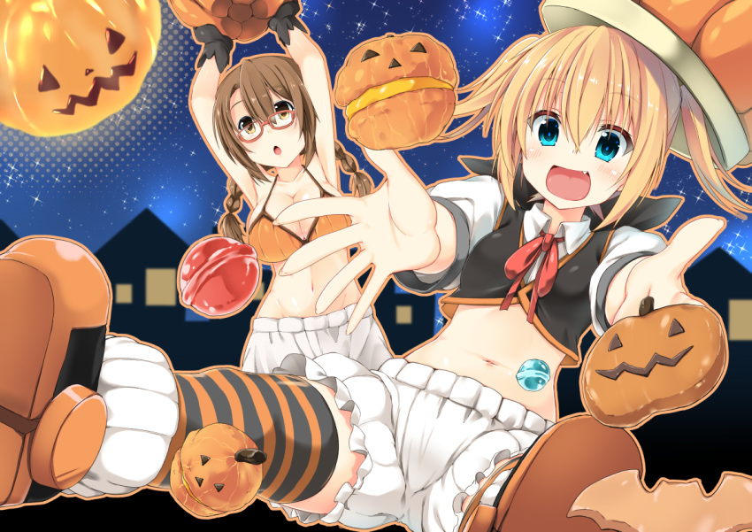 2girls, blonde_hair, blue_eyes, braid, brown_eyes, brown_hair, dodome-iro_mayonnaise, glasses