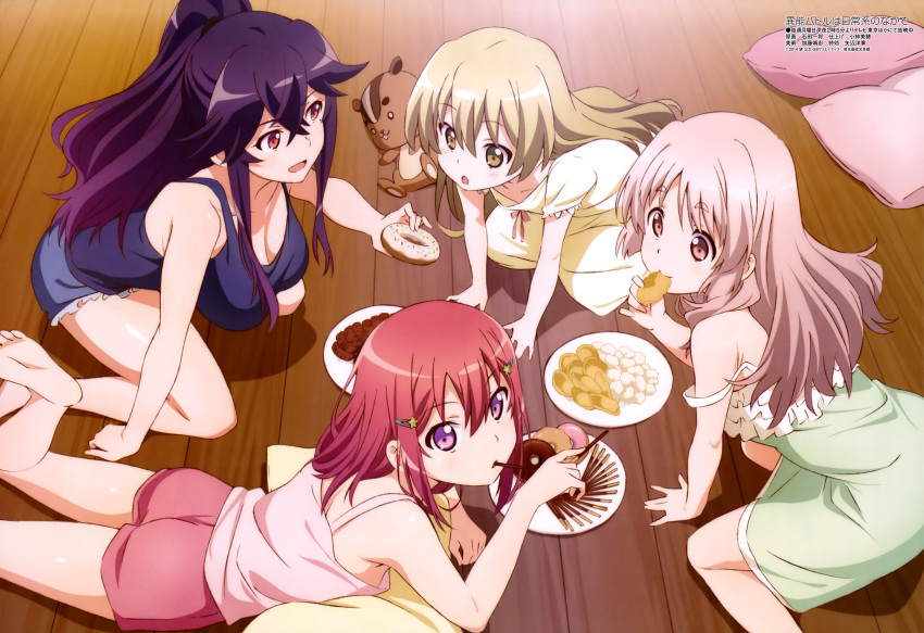 4girls, absurdres, blue_hair, breasts, brown_eyes, brown_hair, casual, cleavage