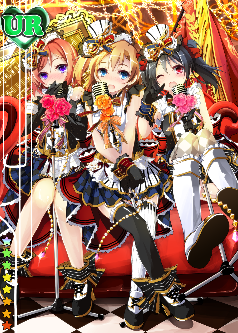 3girls, ;o, \m/, asymmetrical_legwear, bare_shoulders, black_gloves, black_hair, black_legwear