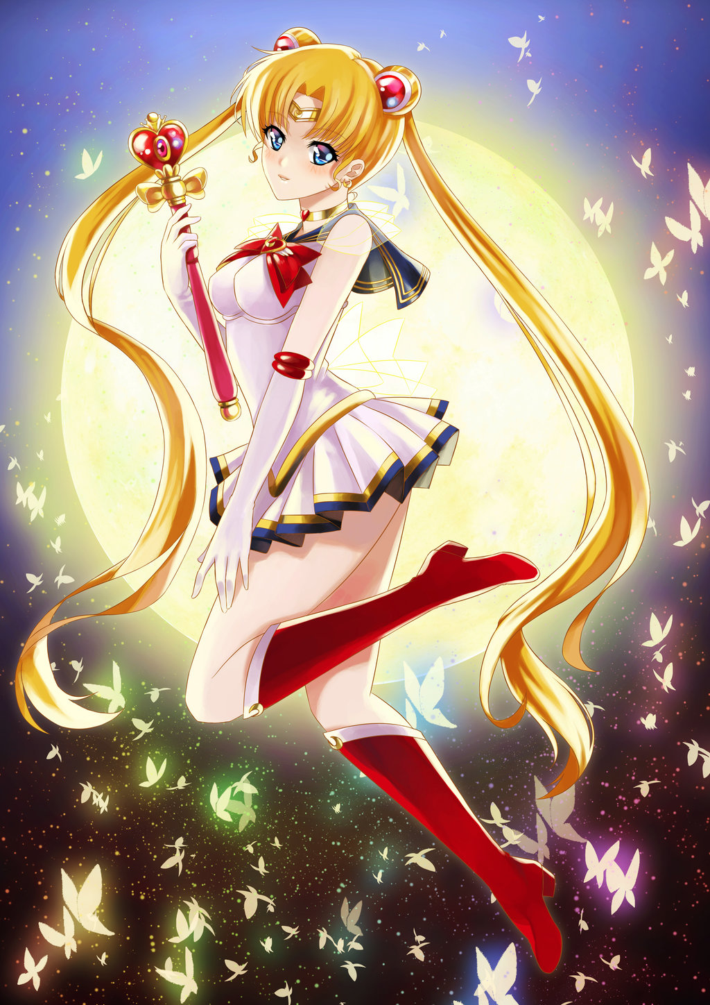 1girl, bishoujo_senshi_sailor_moon, blonde_hair, blue_eyes, blue_skirt, boots, bow, choker