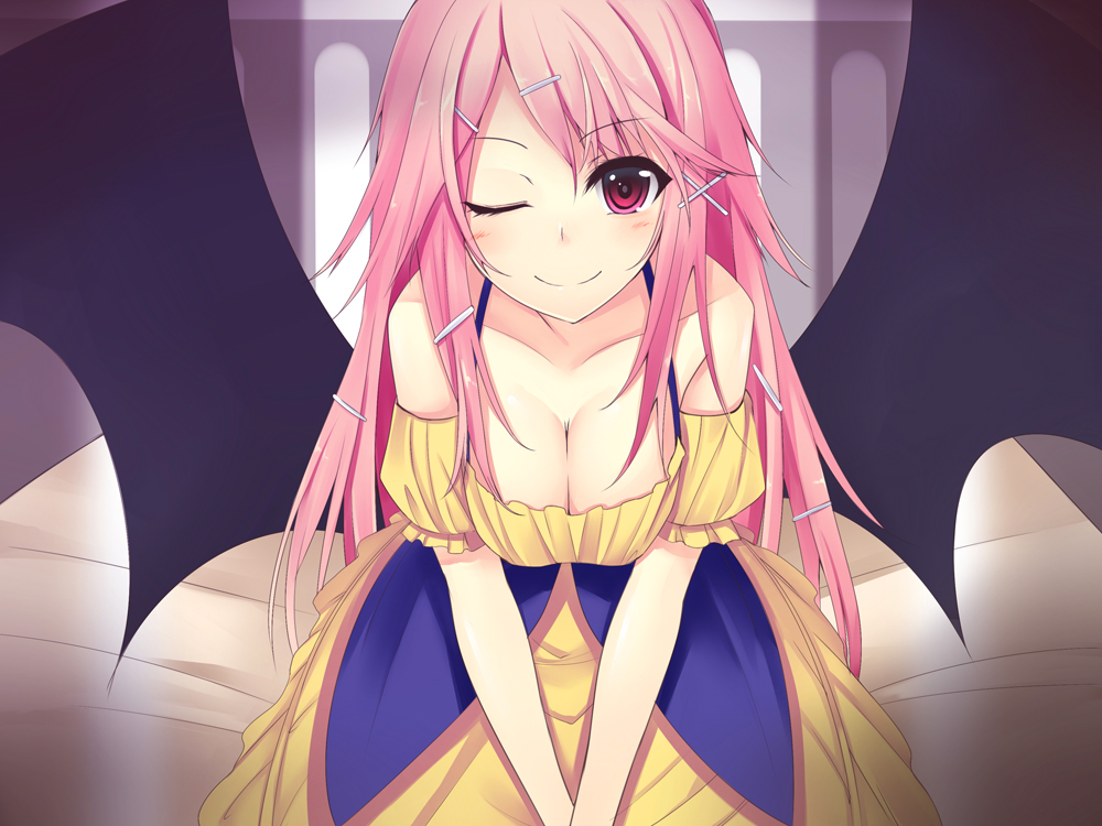 1girl, bare_shoulders, bat_wings, blush, breasts, cleavage, collarbone, demon_girl