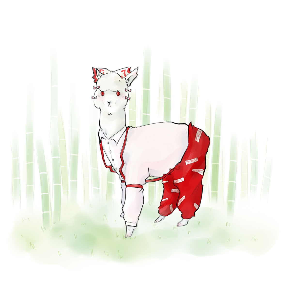 alpaca, animal, blush, bow, fujiwara_no_mokou, hair_bow, hair_ribbon, kikuichimonji