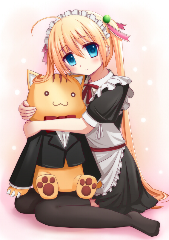 1girl, ahoge, akitsuhara_mizuho, black_legwear, blonde_hair, blue_eyes, doll_hug, hair_ornament