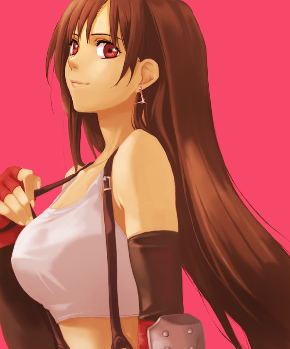 1girl, brown_hair, closed_mouth, crop_top, earrings, female, final_fantasy, final_fantasy_vii