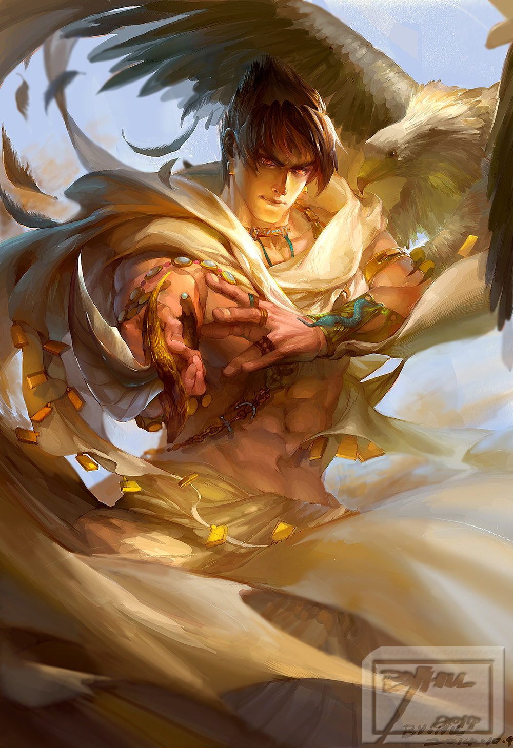 1boy, abs, animal, animal_on_shoulder, bird, black_hair, cape, dagger, eagle, earrings, eyebrows, feathers, fighting_stance, highres, jewelry, kazama_jin, manly, muscle, red_eyes, ring, solo, tekken, thick_eyebrows, tribal, ultramarine, weapon