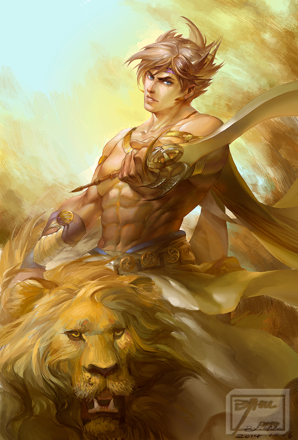 1boy, abs, animal, blonde_hair, blue_eyes, circlet, highres, lars_alexandersson