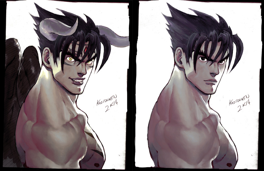 black_eyes, black_hair, demon_boy, demon_horns, devil_jin, dual_persona, eyebrows, forehead_jewel