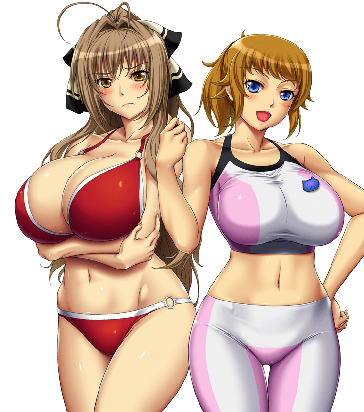 2girls, amagi_brilliant_park, ameoto, bare_shoulders, bike_shorts, bikini, blue_eyes, breasts, brown_eyes, brown_hair, frown, gundam, gundam_build_fighters, gundam_build_fighters_try, hoshino_fumina, huge_breasts, large_breasts, long_hair, midriff, multiple_girls, navel, red_bikini, sento_isuzu, simple_background, smile, swimsuit, thigh_gap, white_background