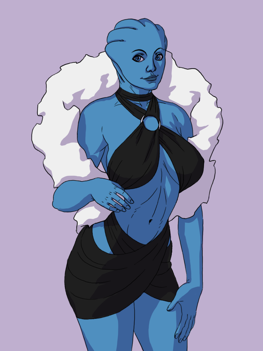 1girl, alien, asari, bare_shoulders, blue_eyes, blue_skin, breasts, casual