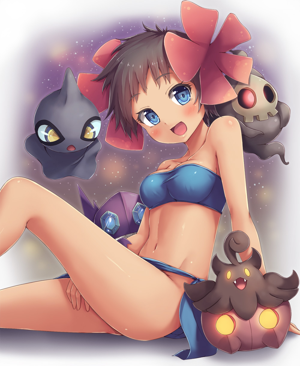 1girl, :d, blue_eyes, breasts, cleavage, dark_skin, duskull, flower