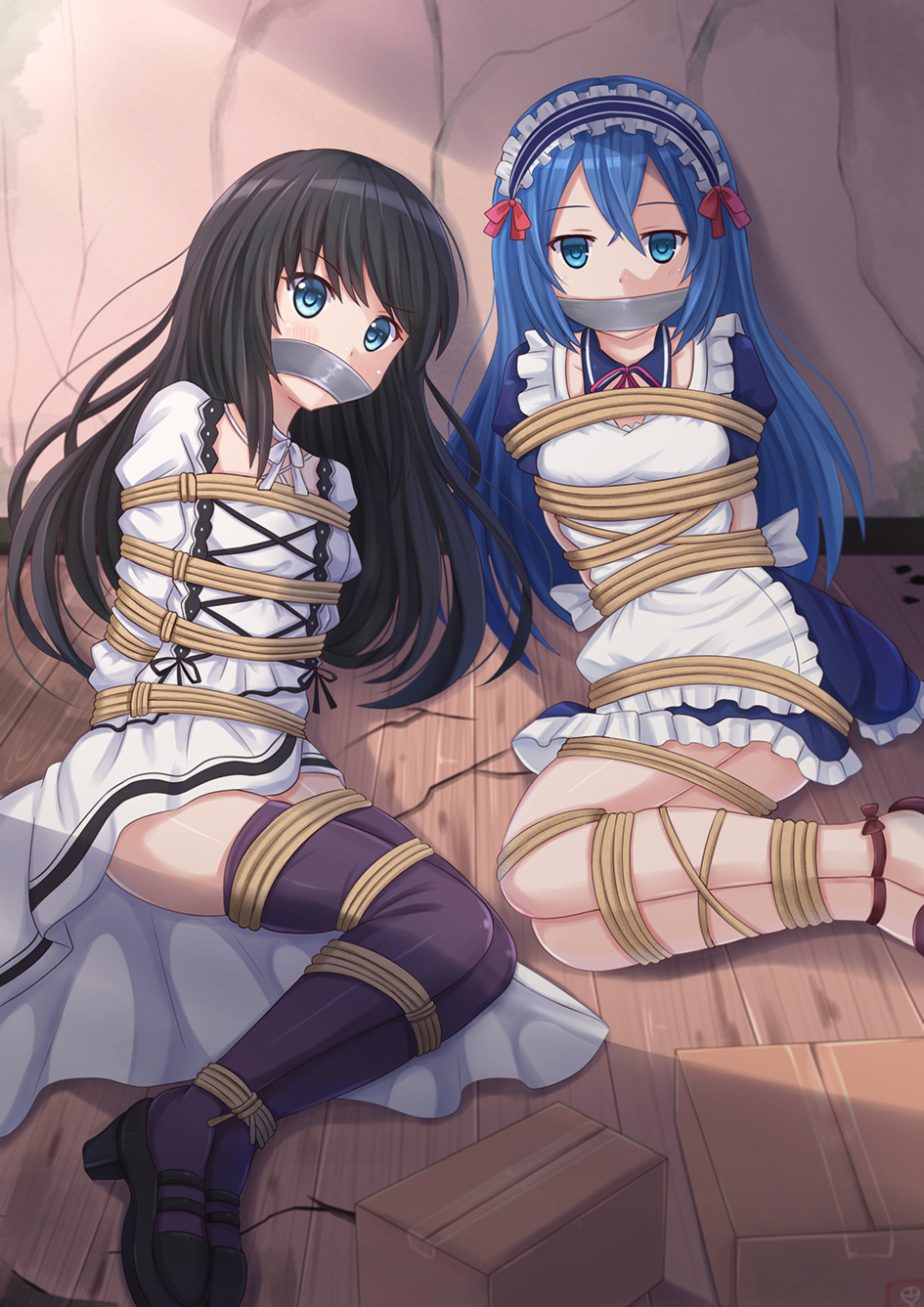 2girls, apron, arms_behind_back, astarte_(strike_the_blood), bdsm, black_hair, blue_eyes, blue_hair